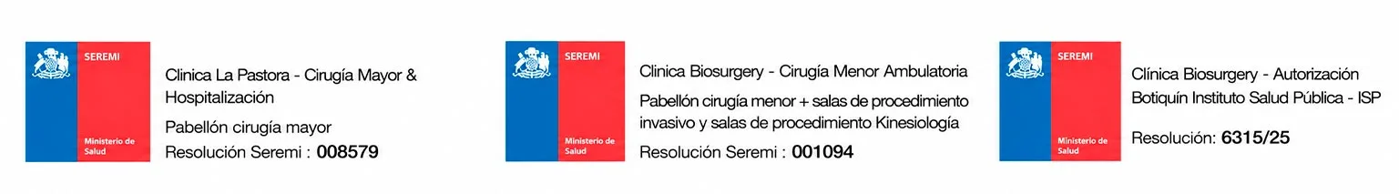 Autorizaciones SEREMI — Clínica La Pastora (Cirugía Mayor & Hospitalización, Res. 008579), Clínica Biosurgery (Cirugía Menor Ambulatoria, Res. 001094) y Autorización Botiquín ISP (Res. 6315/25)
